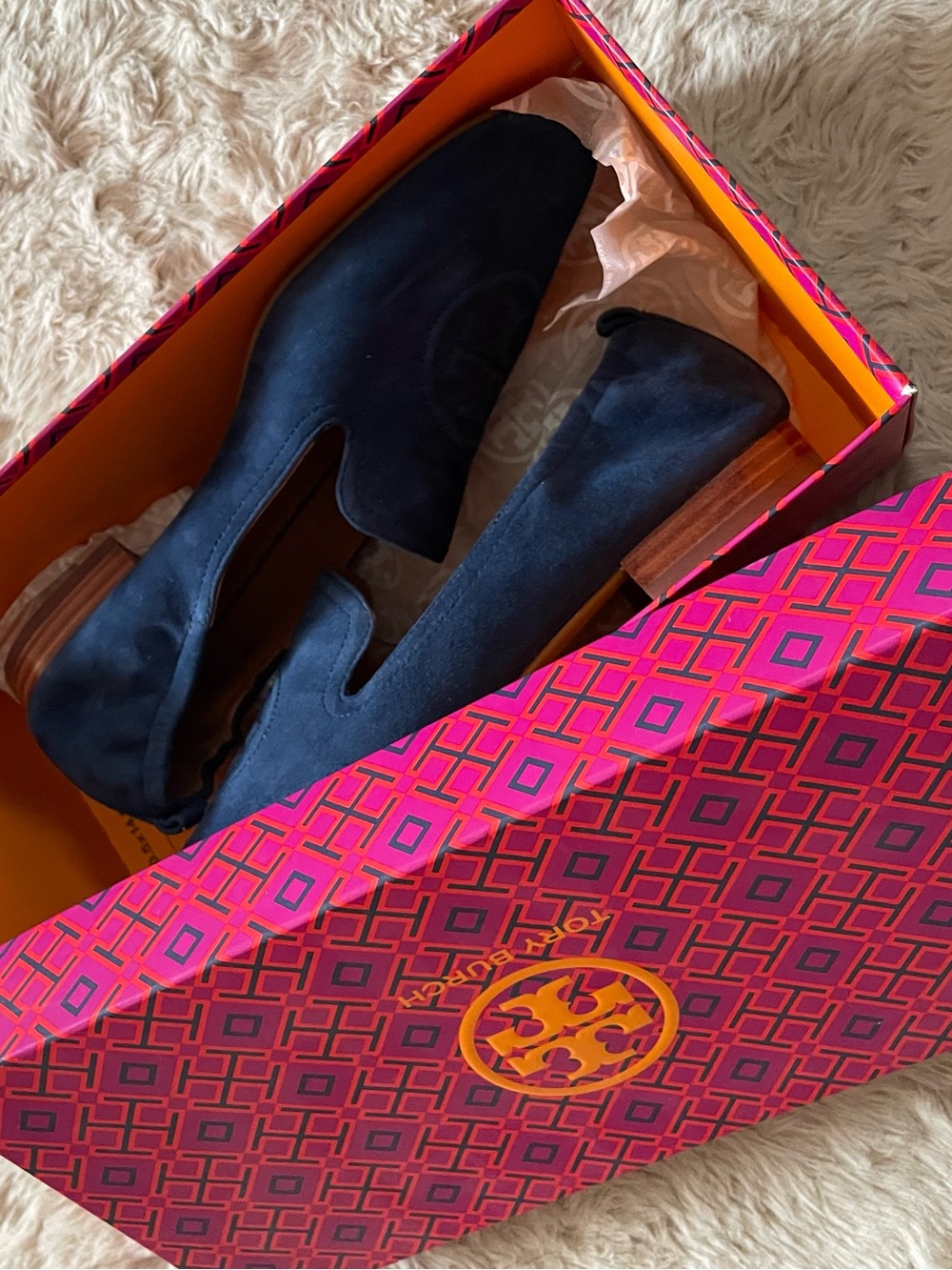 Tory Burch Navy Suede Slip-On Loafers
